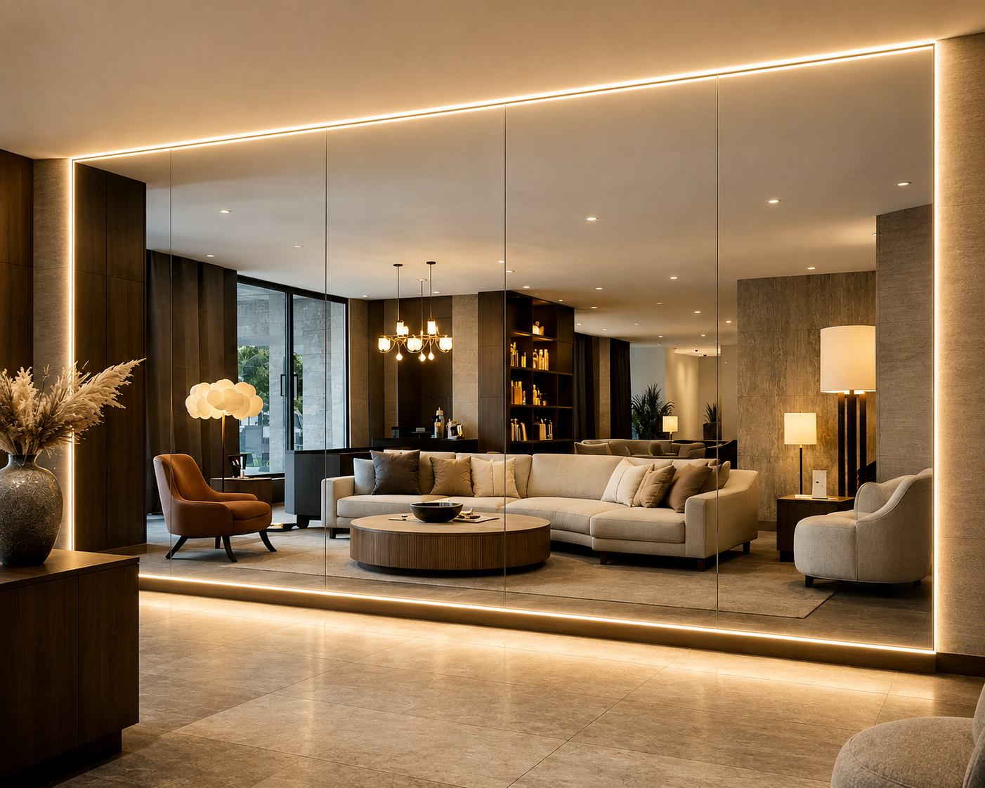 Floor-to-ceiling illuminated mirror wall in a refined contemporary living space