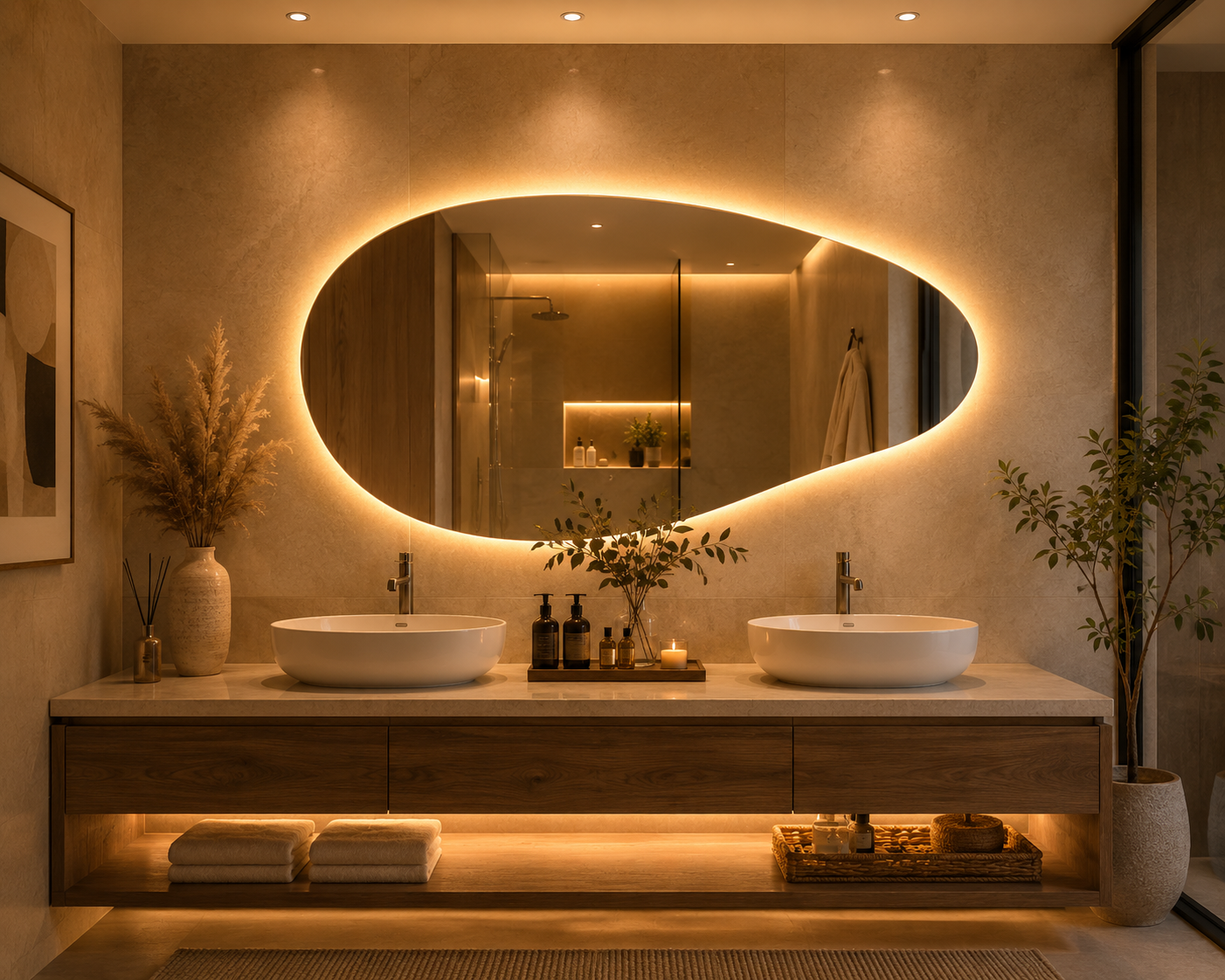 Warm contemporary bathroom with a sculptural illuminated mirror