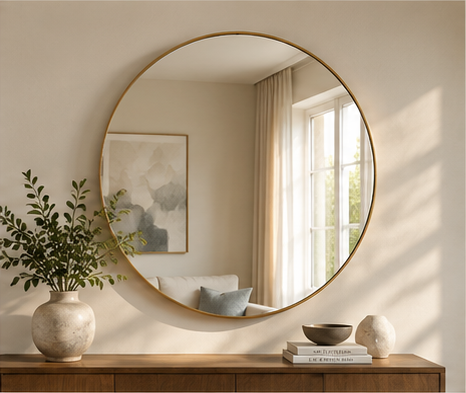 Round decorative wall mirror in a warm modern interior – SUNQUEEN