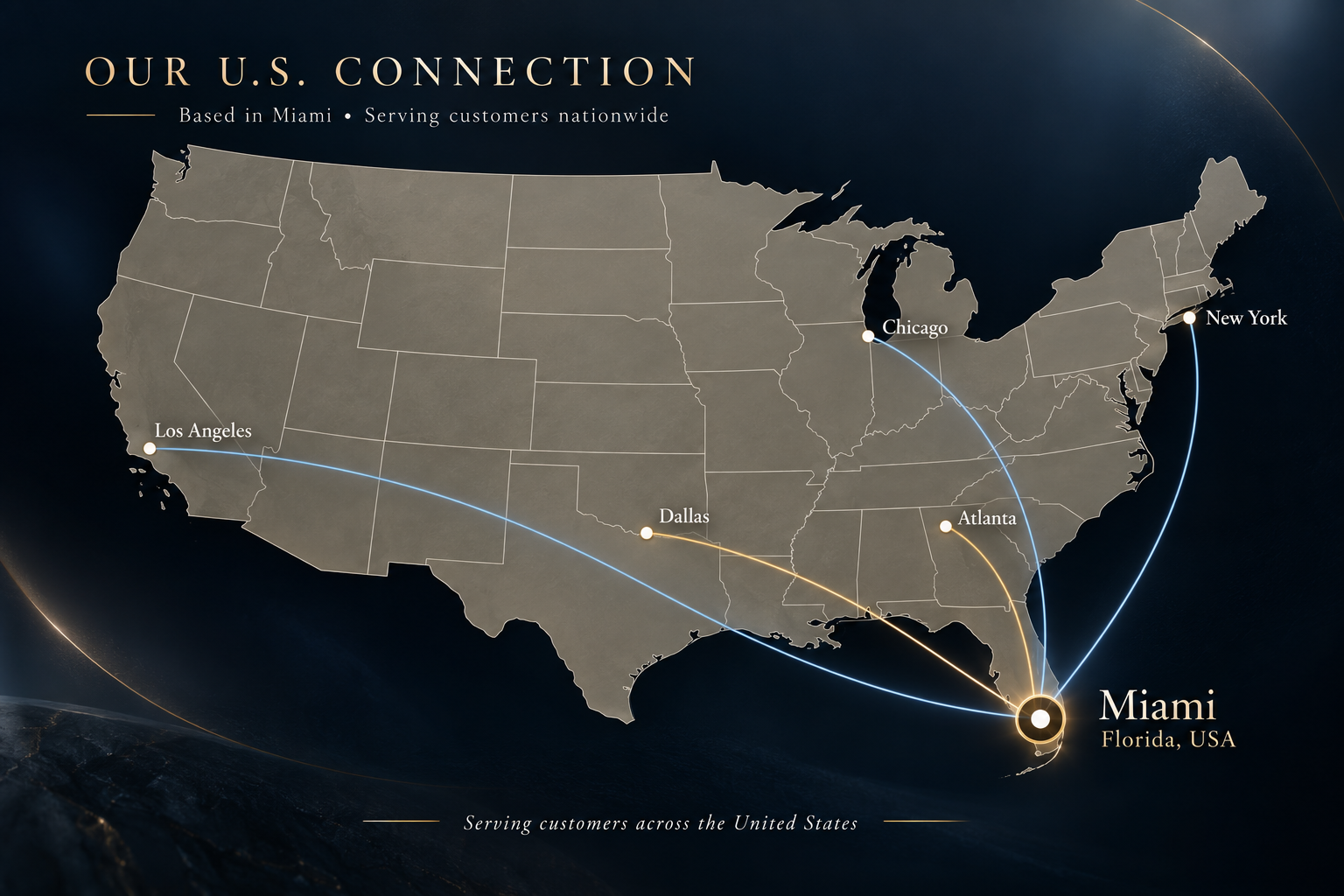 United States map showing our Miami base