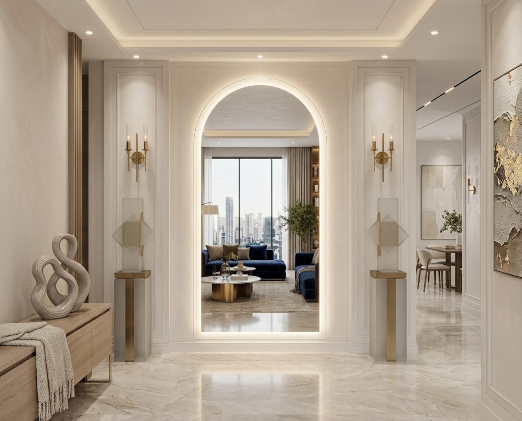 Custom arched mirror in a luxury interior