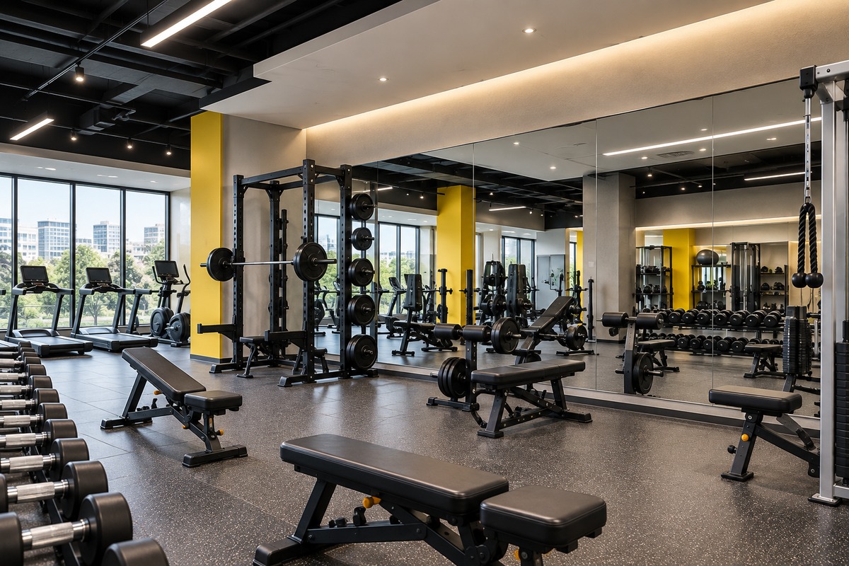 Commercial gym interior with large wall mirrors for fitness and public space projects