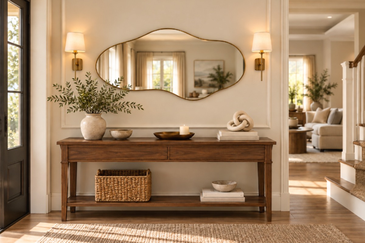 Decorative wall mirror in a warm modern home interior for e-commerce brands