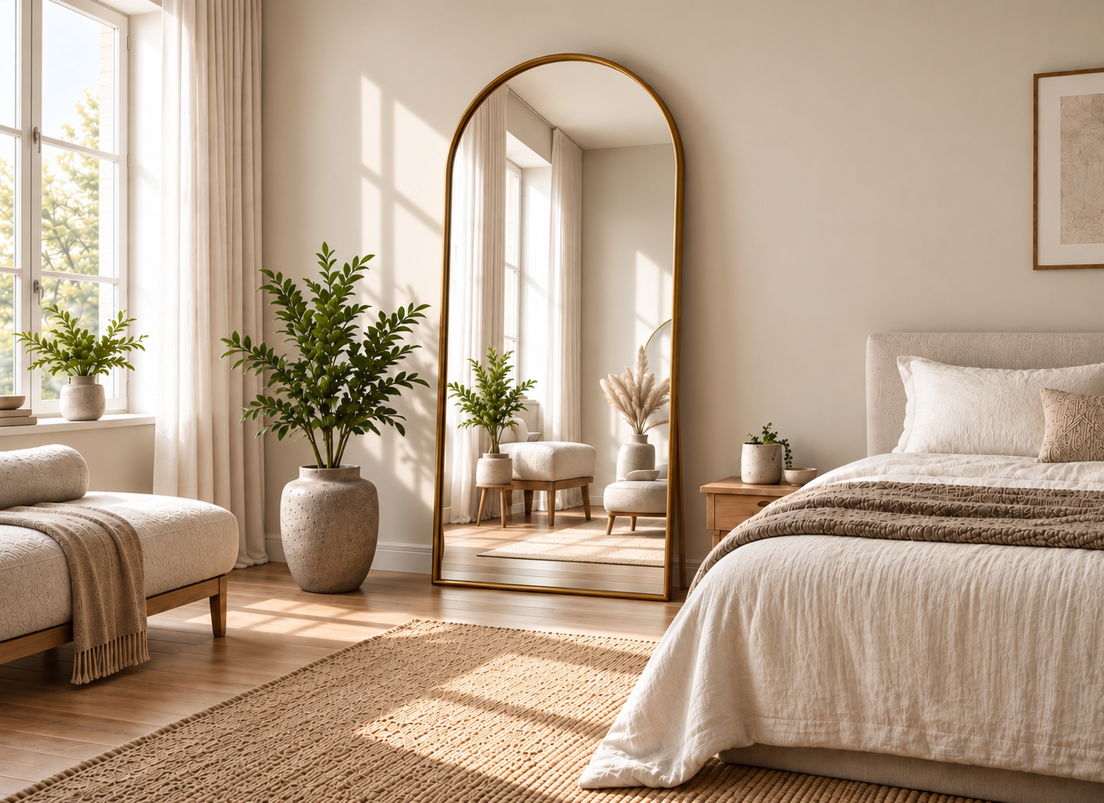 Arched full length mirror in a warm modern bedroom - SUNQUEEN