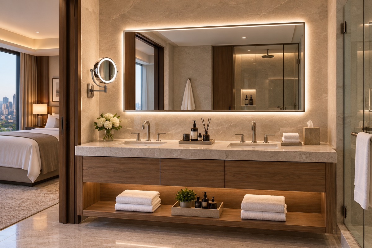 Luxury hotel bathroom with rectangular LED mirror and wall-mounted magnifying mirror