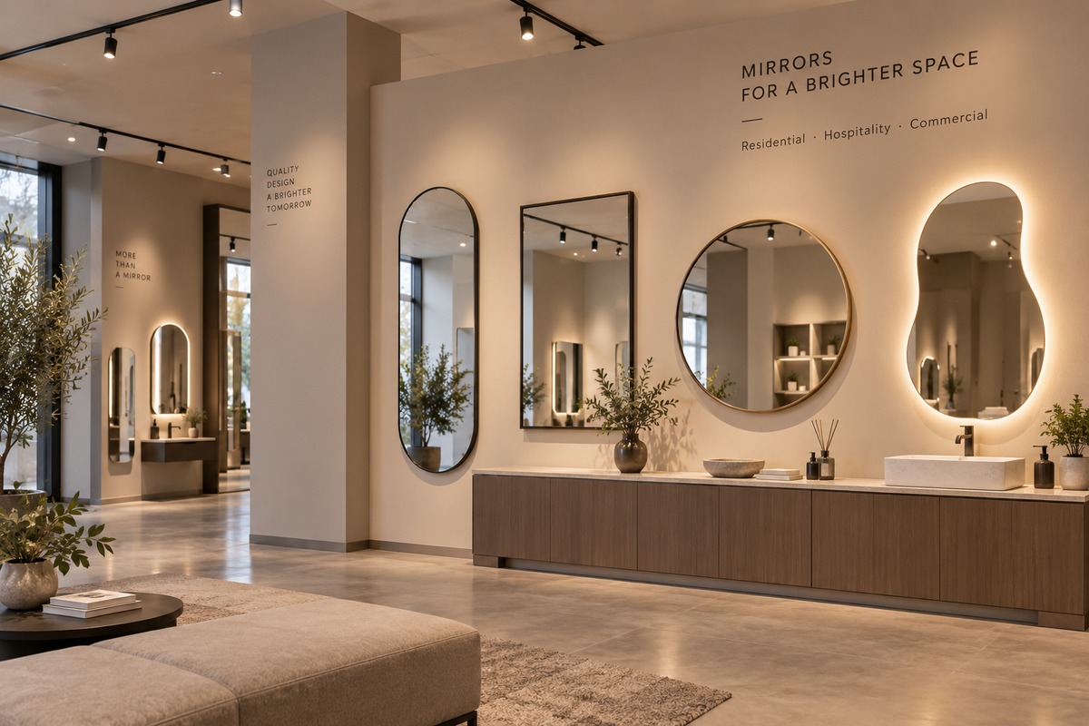 Mirror showroom display for retailers and distributors featuring assorted SUNQUEEN mirrors