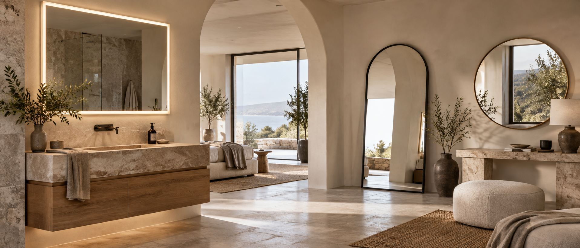 Warm contemporary interior featuring illuminated, full-length and decorative mirrors