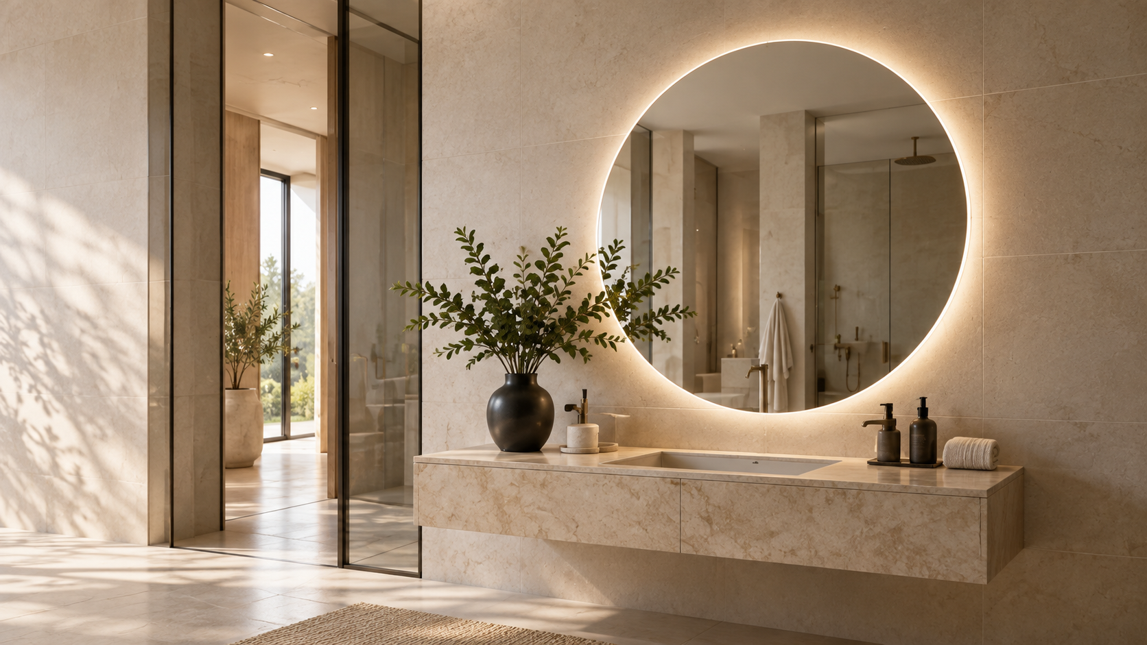 Warm contemporary bathroom with illuminated mirror