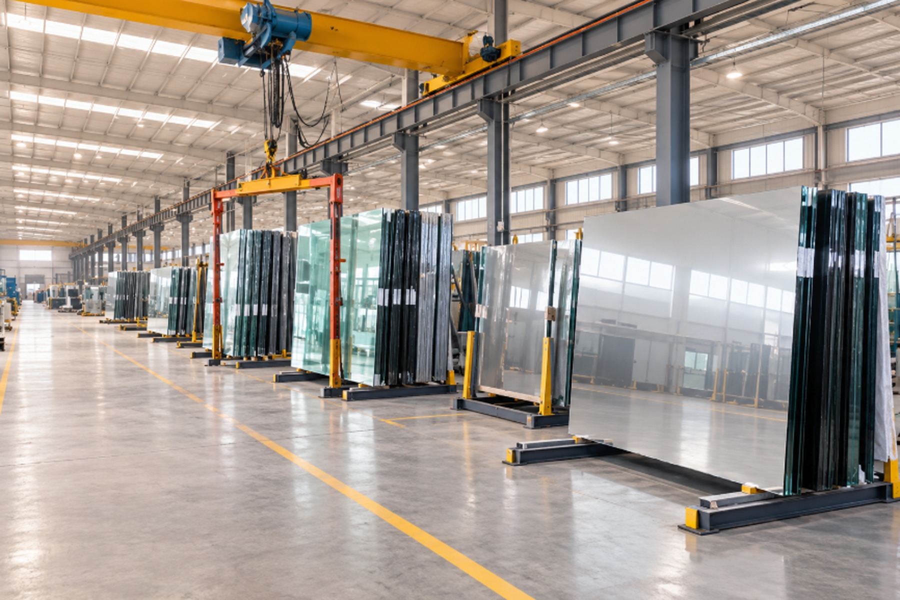 SUNQUEEN mirror manufacturing workshop with glass panels and overhead crane